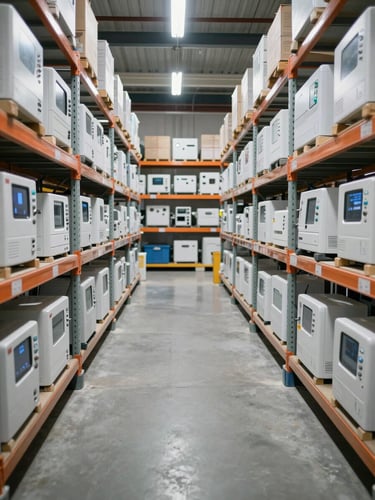 Wide shot of a medical equipment warehouse interior, rows of boxed devices on metal shelving under even overhead lighting, neutral gray concrete floor, no people visible, straight-on perspective suggesting depth and stock reliability
