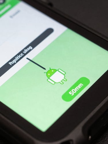 Overhead macro shot of a rugged Android handheld terminal displaying a logistics routing interface, cool studio lighting with vibrant green accents, sharp focus, 50mm