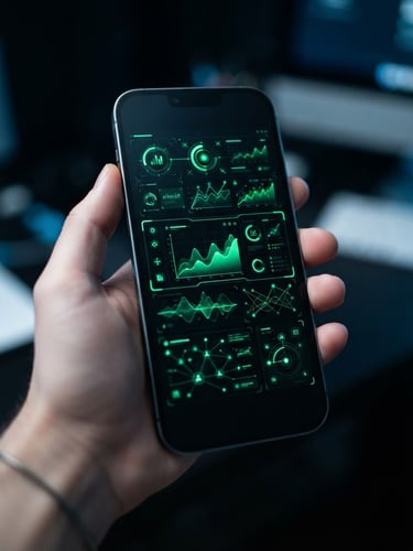 Sleek close-up of a modern Android smartphone displaying a dark-mode app interface with electric green accents, cool studio lighting, 50mm lens