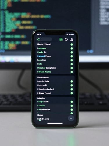 Sleek tech photography, cool studio lighting with electric green accents, sharp focus on a physical Android phone displaying a complex system dashboard, code visible on a background monitor, 50mm