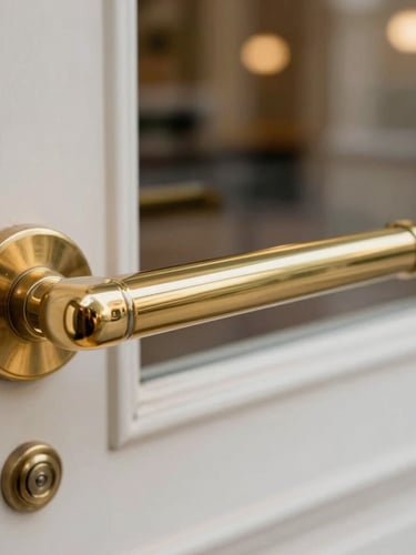Macro shot of a clean brass door handle in an elegant building lobby, soft daylight, sharp focus on clean metal texture