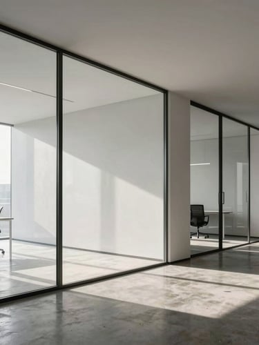 Medium-wide architectural shot of a minimalist modern office interior in Montargis, clean lines, pristine glass partitions, polished concrete floor reflecting soft natural daylight, high-contrast shadows, no people.