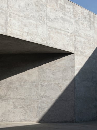 A minimalist concrete facade with sharp geometric shadows under direct sunlight, extreme wide-angle architectural perspective