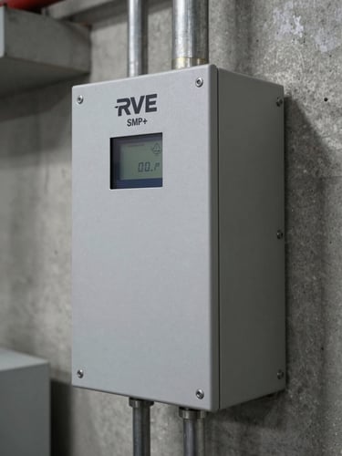 Crisp industrial close-up of an RVE SMP+ load management system installed inside a concrete mechanical room, clean steel conduits, natural ambient lighting, 35mm.