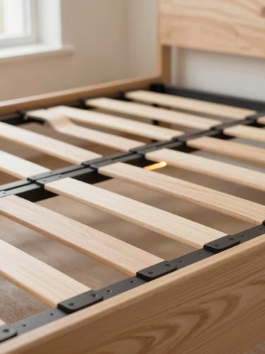 Tight macro shot of modular joinery on a MODU Teen bed frame, showing precise engineering and durable construction, natural side-lit window light, warm birch and charcoal tones.