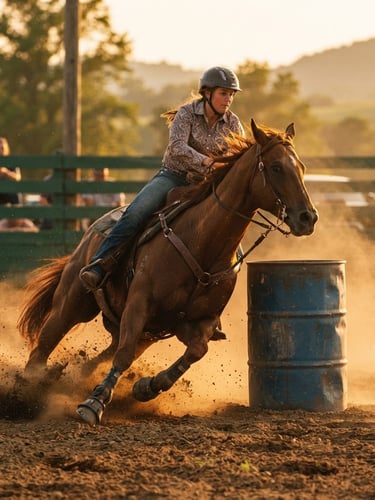 Low-angle action shot of a quarter horse kicking up dust around a barrel under warm golden-hour Kentucky sunlight, deep forest green arena fence in background, 35mm film style.