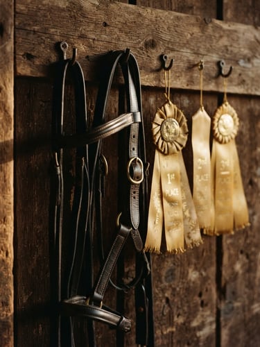 A close-up of leather tack and golden ribbons hanging on a rustic wooden barn wall, warm afternoon sunlight casting long shadows.