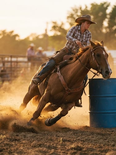Low-angle action shot of a quarter horse kicking up golden dust during a barrel run, warm late-afternoon sunlight flooding the outdoor arena, rich leather tack detail.