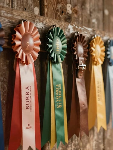 Close-up of leather tack, silver buckles, and colorful placement ribbons hanging on a weathered wooden barn wall, soft dusty sunbeams, shallow depth of field.