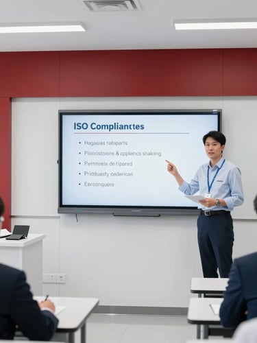 A professional corporate training room in Bangkok, modern clean setup, a professional instructor presenting ISO compliance standards on a screen, bright clinical daylight, deep red accents, sharp focus, 35mm