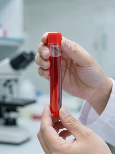 A sharp close-up of a professional laboratory technician in a clean, sterile lab setting, holding a water sample vial with deep red accents, bright daylight, 35mm