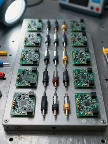 Close-up overhead shot of a disassembled ultrasonic flaw detector on a steel workbench, circuit boards and probe connectors laid out in organized rows, cool inspection-lab strobe lighting, tools visible at the frame edges