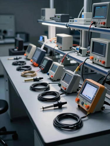 Wide environmental shot of an NDT lab workbench, right-frame composition — ultrasonic flaw detectors, digital thickness gauges, and probe cables arranged in precise rows on a steel-grey surface under cool studio strobes, strong backlighting picks out metallic edges and safety-orange markings on equipment faces, left third of frame in deep shadow
