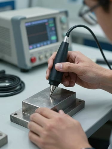 Close-up of technician hands positioning an ultrasonic probe against a steel reference block on a calibration bench, cool north-facing workshop light, probe cable looping to digital instrument in shallow background, focus sharp on the contact point