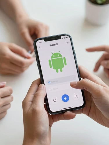 Close-up of diverse hands holding a modern Android smartphone displaying an accessible interface with large touch targets, soft natural daylight, shallow depth of field