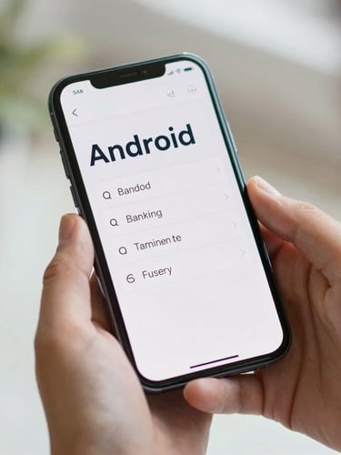 Close-up of hands holding an Android phone displaying a clean banking interface with large, clear text, soft natural daylight, shallow depth of field.