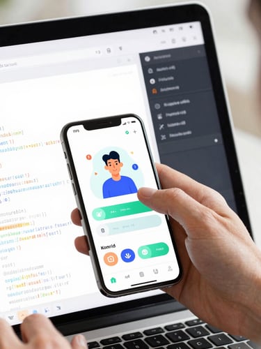 A close-up of a modern Android IDE showing clean Kotlin code, with a high-fidelity vector UI mockup of a health tracking app visible on a test device beside the screen, soft daylight, 35mm.