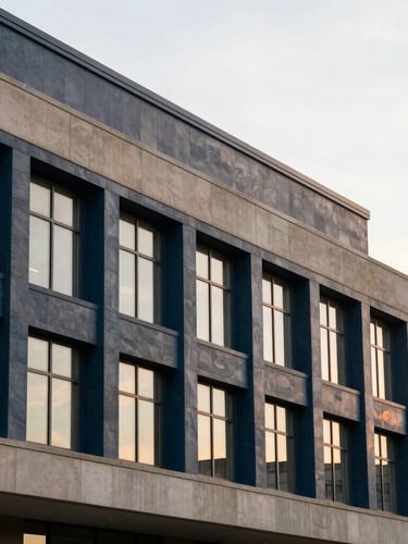 Architectural lines of a modern Illinois university building facade, soft overcast morning light, muted slate and navy tones, shallow depth of field, 50mm lens.
