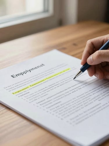 Close-up of hand-annotated legal documents and highlighted employment contracts on a warm wooden desk, soft window light, shallow depth of field