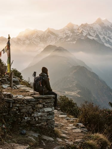 Wide-angle atmospheric photography of a lone hiker resting on a stone chautari, soft morning mist surrounding distant snow-capped Himalayan peaks, golden-hour light, 35mm film.