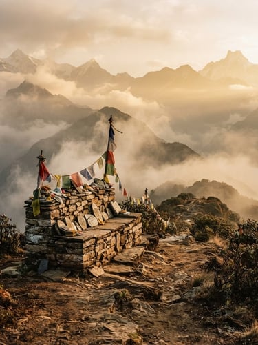 A warm golden-hour view of a mist-shrouded Himalayan ridge, a stone chautari resting place in the foreground, 35mm film style.