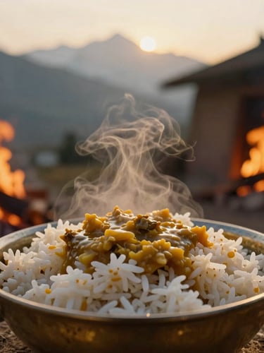 Close-up of steaming traditional dal bhat being served in a brass bowl inside a warm, fire-lit Sherpa home, golden hour light, 35mm film