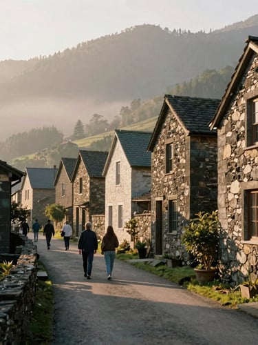 A quiet village path lined with traditional stone houses, a local guide walking with travelers, warm morning light, 35mm film.