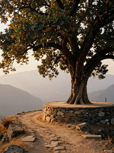 A traditional stone chautari resting platform under a massive banyan tree on a mountain ridge, a dusty trail winding past, soft golden-hour light filtering through leaves, distant Himalayan peaks in mist, 35mm film style.