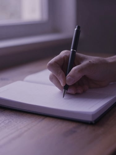 Close-up of hands writing in a paper journal on a wooden table, soft afternoon window light, moody lilac tones, 35mm