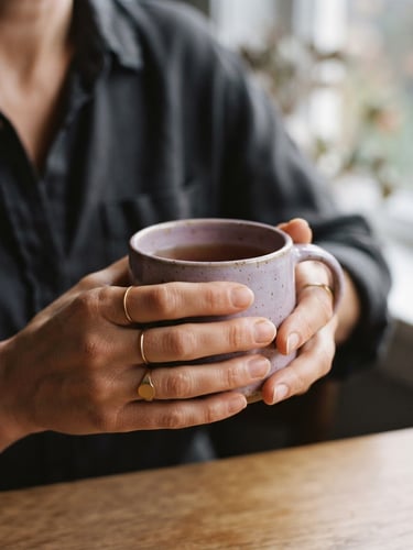 Close-up of a woman's hands holding a warm ceramic mug, soft afternoon window light, muted lilac and deep charcoal tones, shallow depth of field, 35mm