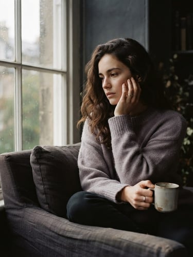 Moody editorial portrait of a woman sitting in calm contemplation by a window, soft afternoon light, muted lilac and deep charcoal tones, 35mm