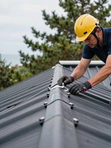 Close-up of a professional roofing specialist inspecting a clean dark zinc roof seam, wearing safety gear, coastal pine forest blurred in the background, sharp focus, 35mm