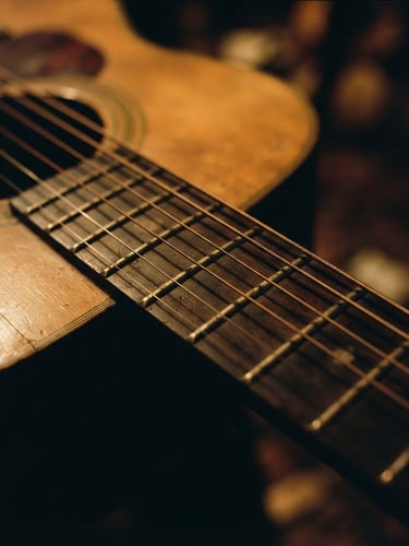 Close-up of vintage acoustic guitar strings, soft dramatic stage lighting, warm golden tones, 35mm film grain