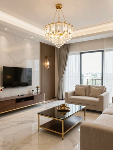 Wide-angle view from the entry point of an empty modern urban apartment, natural daylight flooding through floor-to-ceiling windows on the right, warm white walls, pale oak flooring, architectural ceiling detail visible, no people, overcast exterior light producing even interior exposure