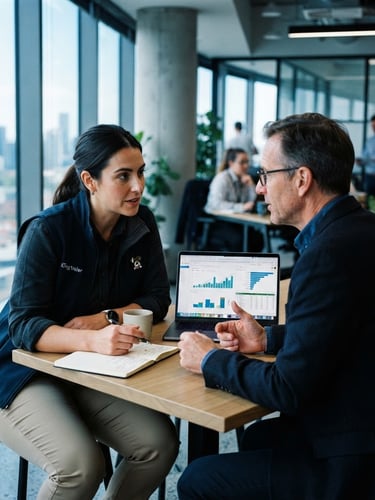 Professional dog walker in a modern office setting, discussing strategy with a mentor, laptop open with charts, cinematic high-contrast natural light, deep blacks, cool blue undertones, sharp focus, 35mm