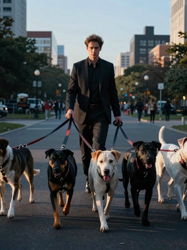 Professional dog walker confidently handling a pack of diverse dogs on leashes in a vibrant urban park at golden hour, low angle, cinematic editorial photography, high-contrast natural light, deep blacks, cool blue undertones, sharp focus, 35mm