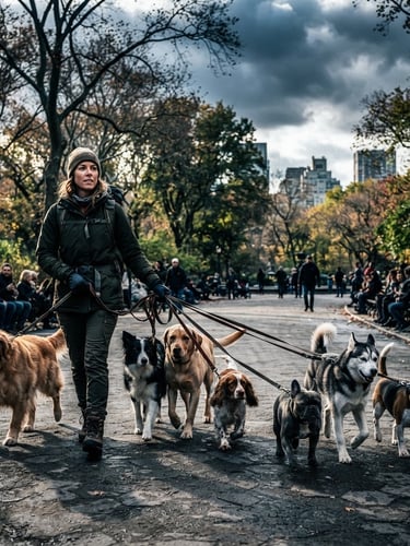 Professional dog walker confidently handling a pack of dogs in an urban park, dramatic high-contrast natural light, cool blue undertones, sharp focus, 35mm, wide environmental shot, dog walker to the left third.