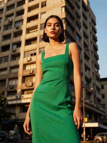 High-fashion outdoor portrait of a model in a vibrant green dress against a brutalist Nairobi building, bright sunset light, 35mm film grain.