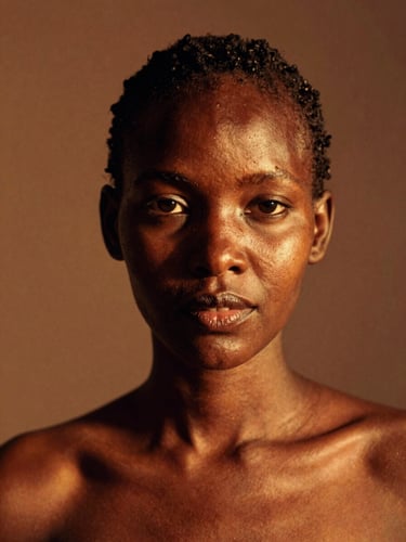 Editorial close-up portrait of a Kenyan woman with warm golden-hour sunlight reflecting on her skin, soft studio background, rich saturated tones, 35mm film grain.