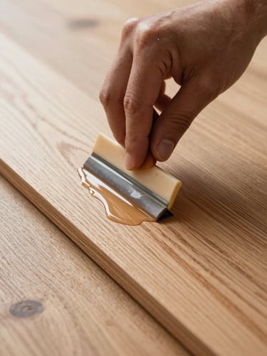 Extreme close-up of a craftsman's hands holding a flat applicator pad, spreading water-based finish across freshly sanded oak hardwood planks, soft diffused daylight from the left catching the wet sheen on the grain, the floor filling the entire frame edge to edge