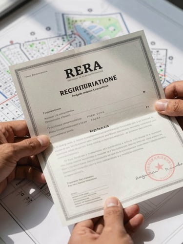 A sharp close-up of hands holding official RERA registration certificates and stamped title deeds over a blueprint map of Dholera plots, bright morning light.