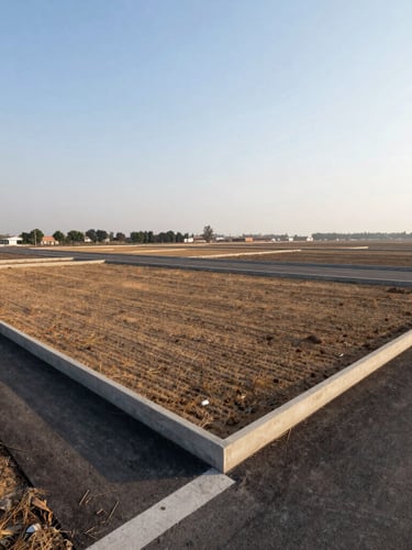 Wide-angle daylight shot of physical land plots in Dholera with clear concrete boundary markers, newly paved access roads, and bright morning sky