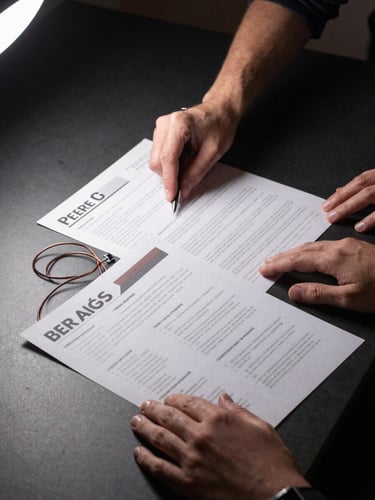 Medium close-up shot of hands spreading out printed campaign brief sheets and performance charts on a matte black table under a directional studio strobe, burnt copper data lines visible on one sheet, high-contrast professional setting