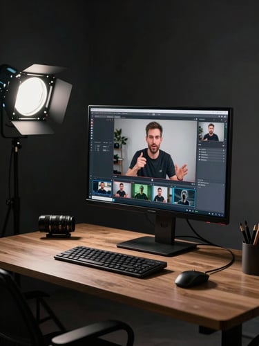 Wide environmental shot of a creator recording a screen-capture product walkthrough at a standing desk, directional key light from the left, high-contrast dark background, monitor glow illuminating the creator's focused expression, professional studio setup