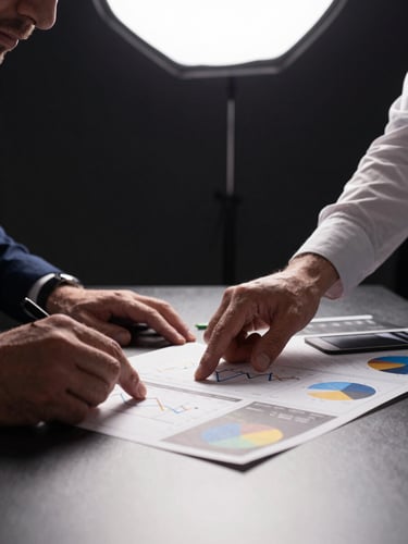 Close-up medium shot of two professionals reviewing printed campaign analytics on a matte desk surface under a directional studio key light, one hand tracing a performance chart, high-contrast and controlled lighting, dark background