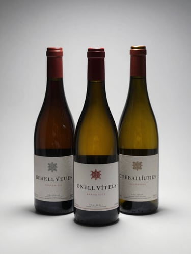Studio-lit straight-on shot of three wine bottles standing on a clean white surface, varied labels visible, sharp shadows, no props