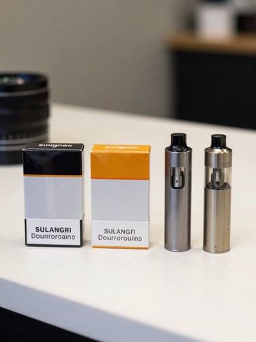 Straight-on shot of cigarette packs and two vape devices lined up on a white counter, bright even lighting, no hands or faces