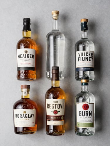 Overhead flat-lay of four spirit bottles — whisky, vodka, rum, gin — arranged on a pale grey surface, labels facing up, even studio lighting