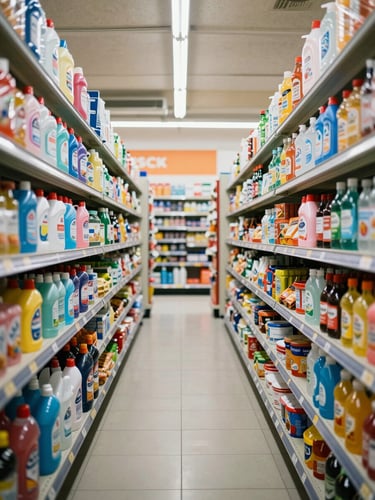 Wide aisle shot of household product shelves — cleaning supplies, snacks, soft drinks — straight-on framing, bright fluorescent store lighting
