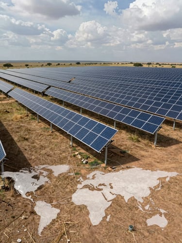 Wide overhead schematic view of a utility-scale solar array in an African savanna, panel rows receding to a flat horizon, overcast daylight for engineering clarity, a faint three-node connectivity diagram overlaid in the lower third linking three continental regions